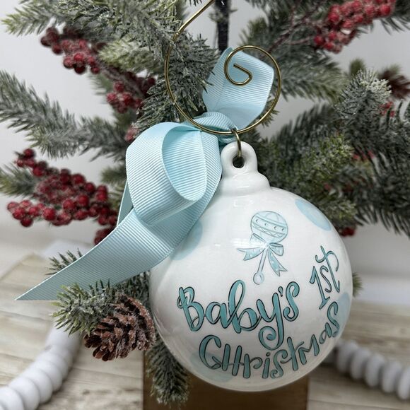 Baby Boy's 1st Christmas Ceramic Ball Ornament Blue and White Handpainted - Picture 3 of 7